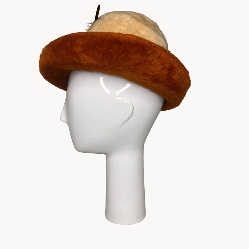 Vintage 60s Pinched Crown Fuzzy Fedora Hat 2 Tone White Rust Breton Mod Bellini - Picture 5 of 14